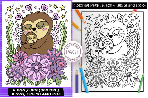 Sloth Mom and Baby. Animal Coloring Page Graphics in Coloring Pages Amp